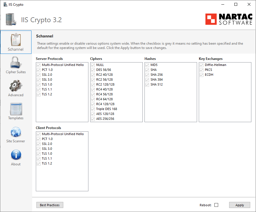 Default settings selected in IIS Crypto