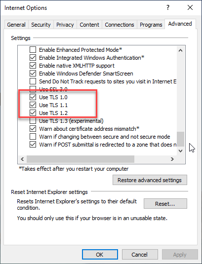 Verify TLS changes using Internet Explorer
